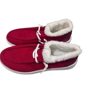 red corduroy, faux-fur-lined slip-on shoes